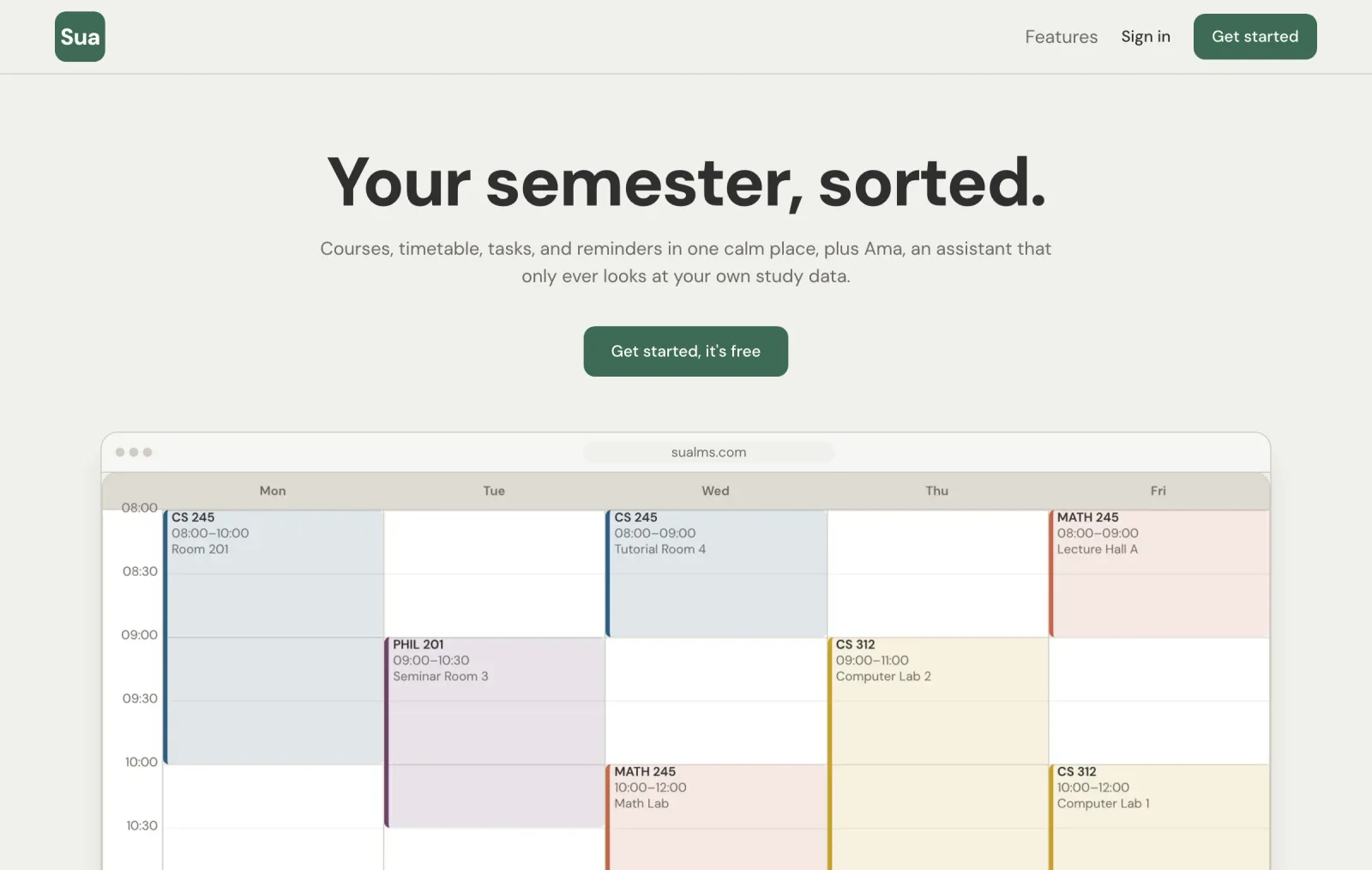 The Sua LMS landing page, headlined "Your semester, sorted.", above a weekly timetable view with colour-coded course blocks.
